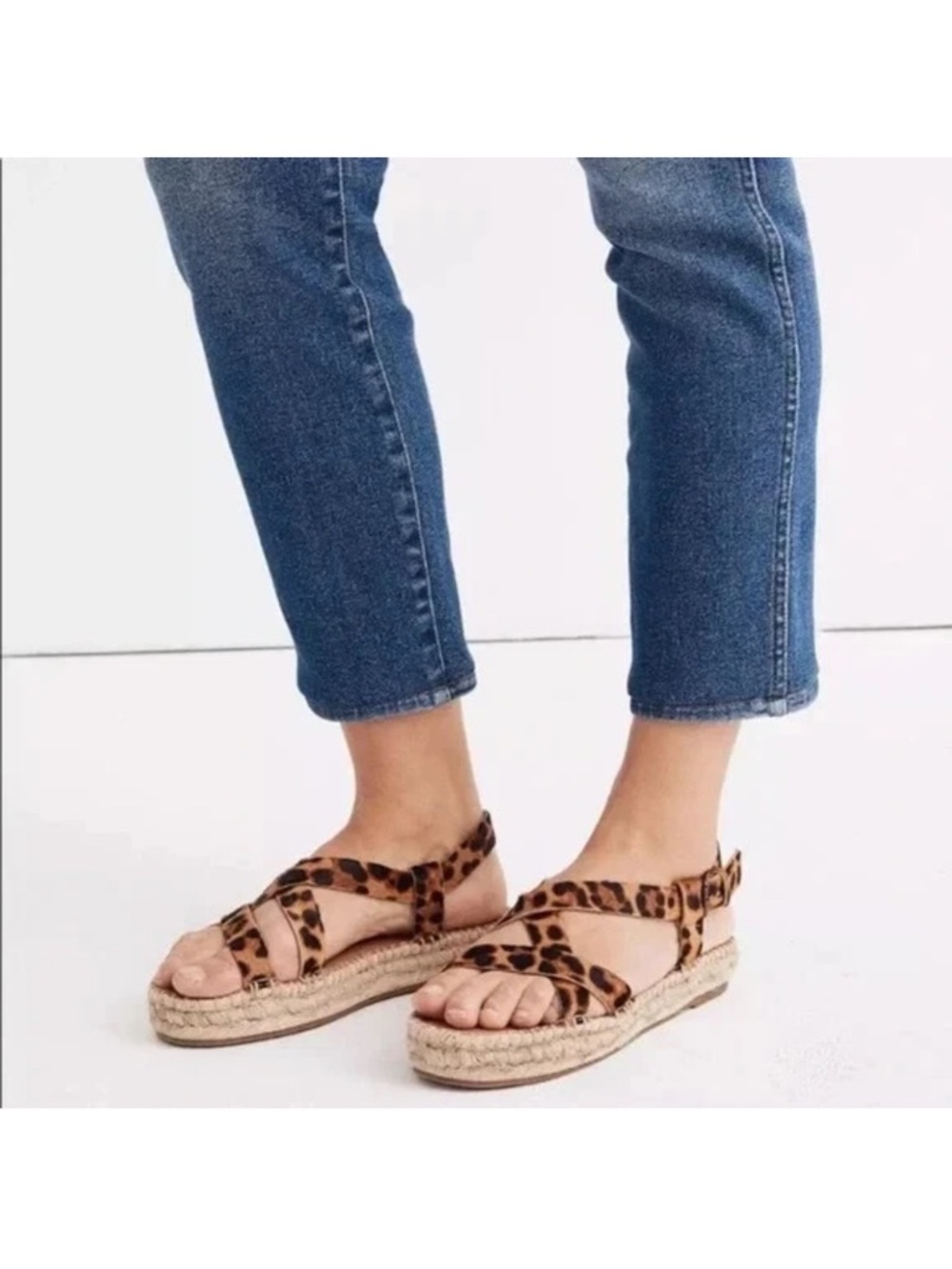 Madewell Malia Espadrille Sandal in Leopard Calf Hair Sz 6.5 NWOB Black Brown